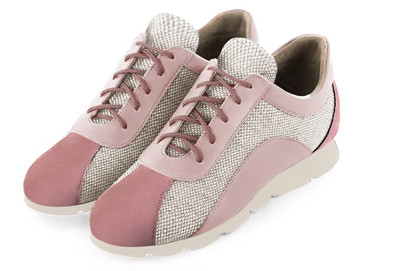 Dusty rose pink and off white women's open back shoes. Round toe. Flat rubber soles. Front view - Florence KOOIJMAN